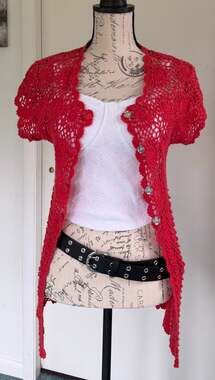 525 America Crochet Short Sleeve Longline Cardigan Red Size M